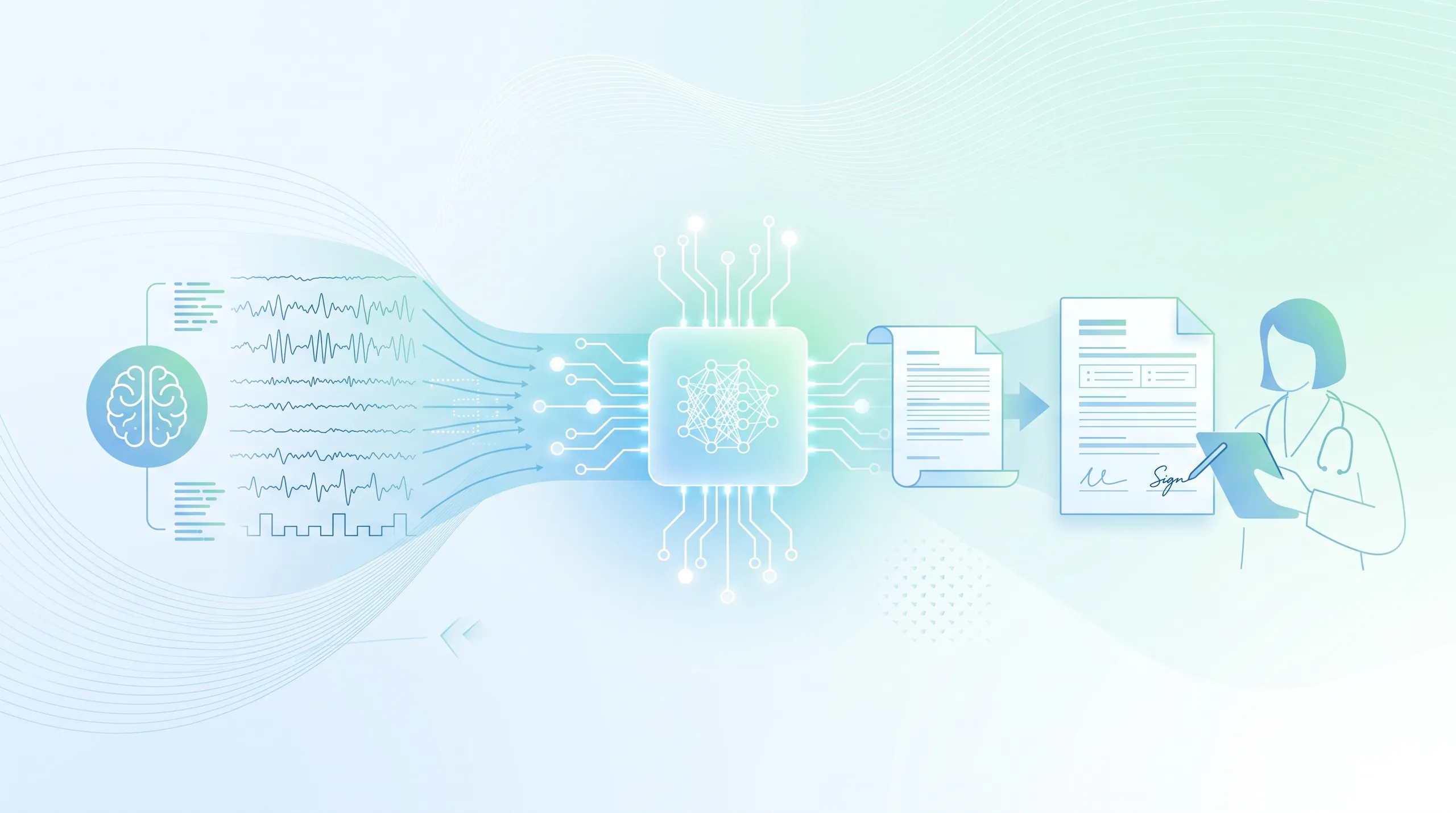 Line illustration reading left to right: EEG traces from a brain feed into a processor holding a neural network, which produces a draft report, and a clinician signs the finished document.