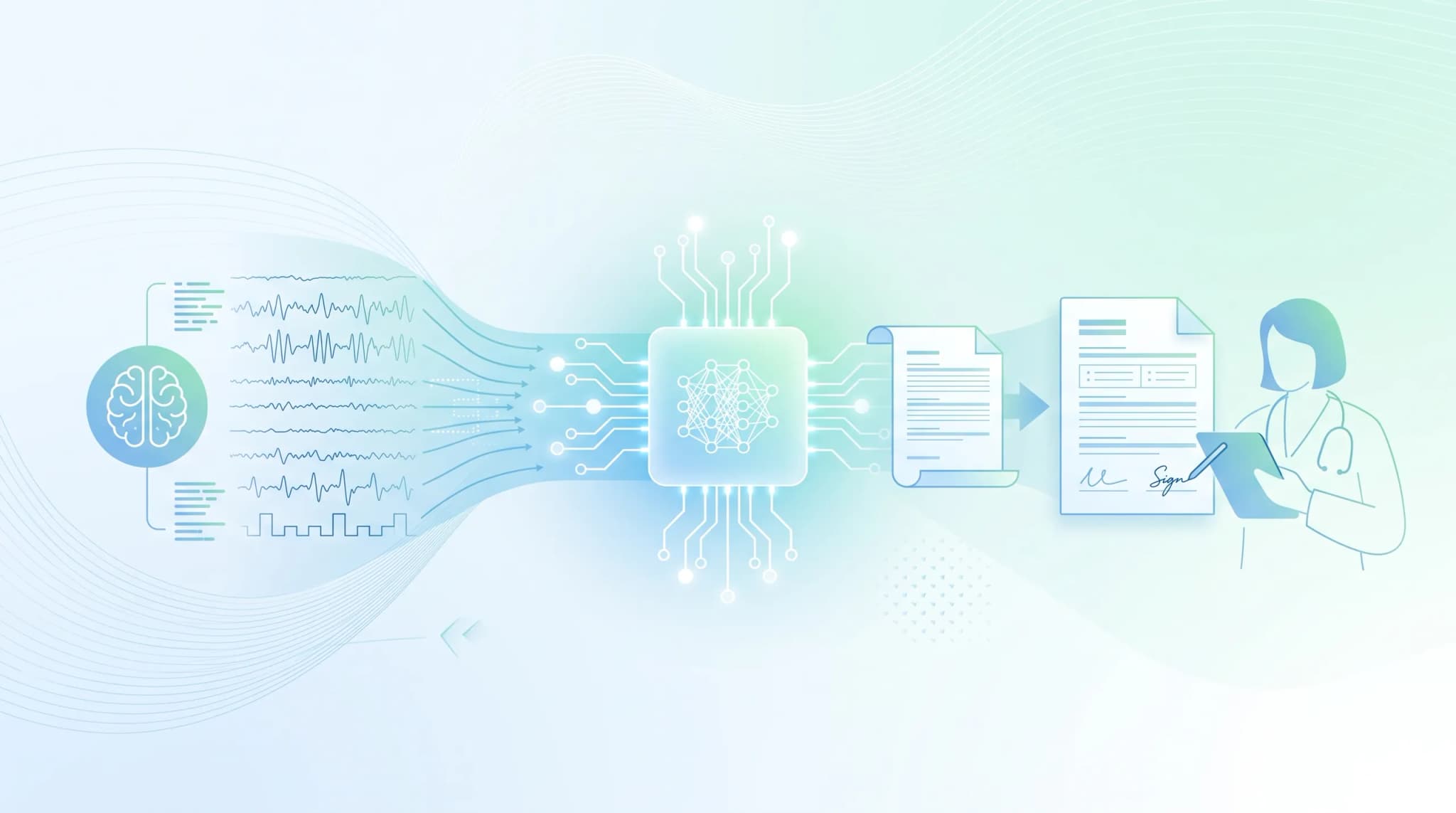 Line illustration reading left to right: EEG traces from a brain feed into a processor holding a neural network, which produces a draft report, and a clinician signs the finished document.