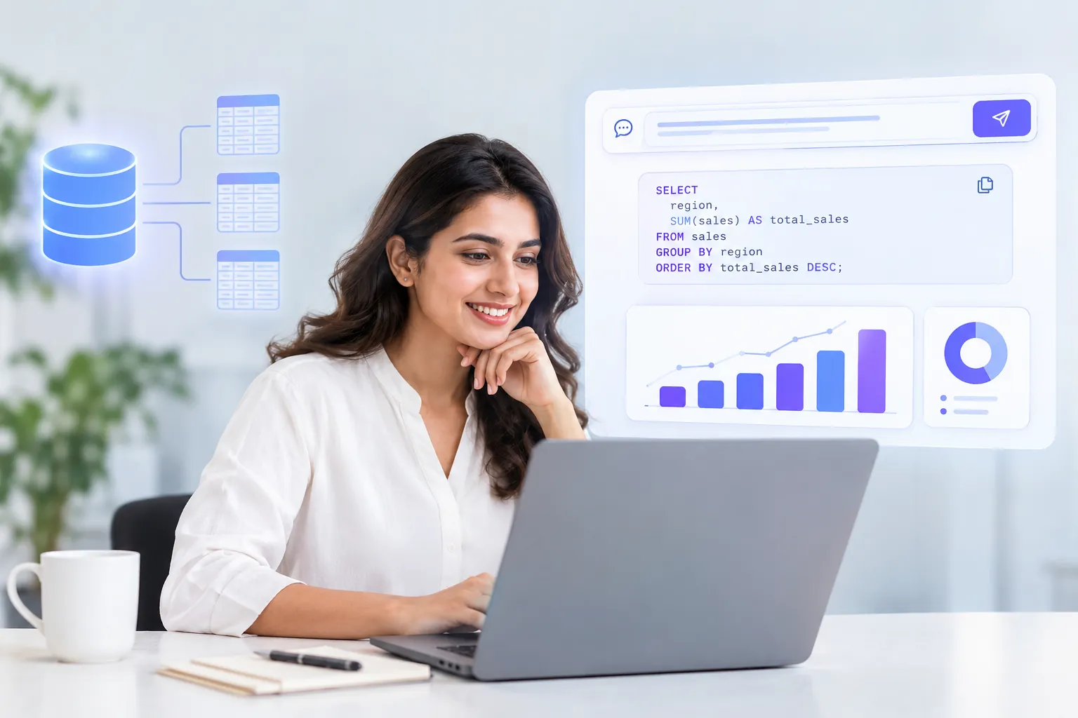 A woman working at a laptop, with floating panels beside her showing a database linked to tables, a SQL query, a bar chart and a donut chart.