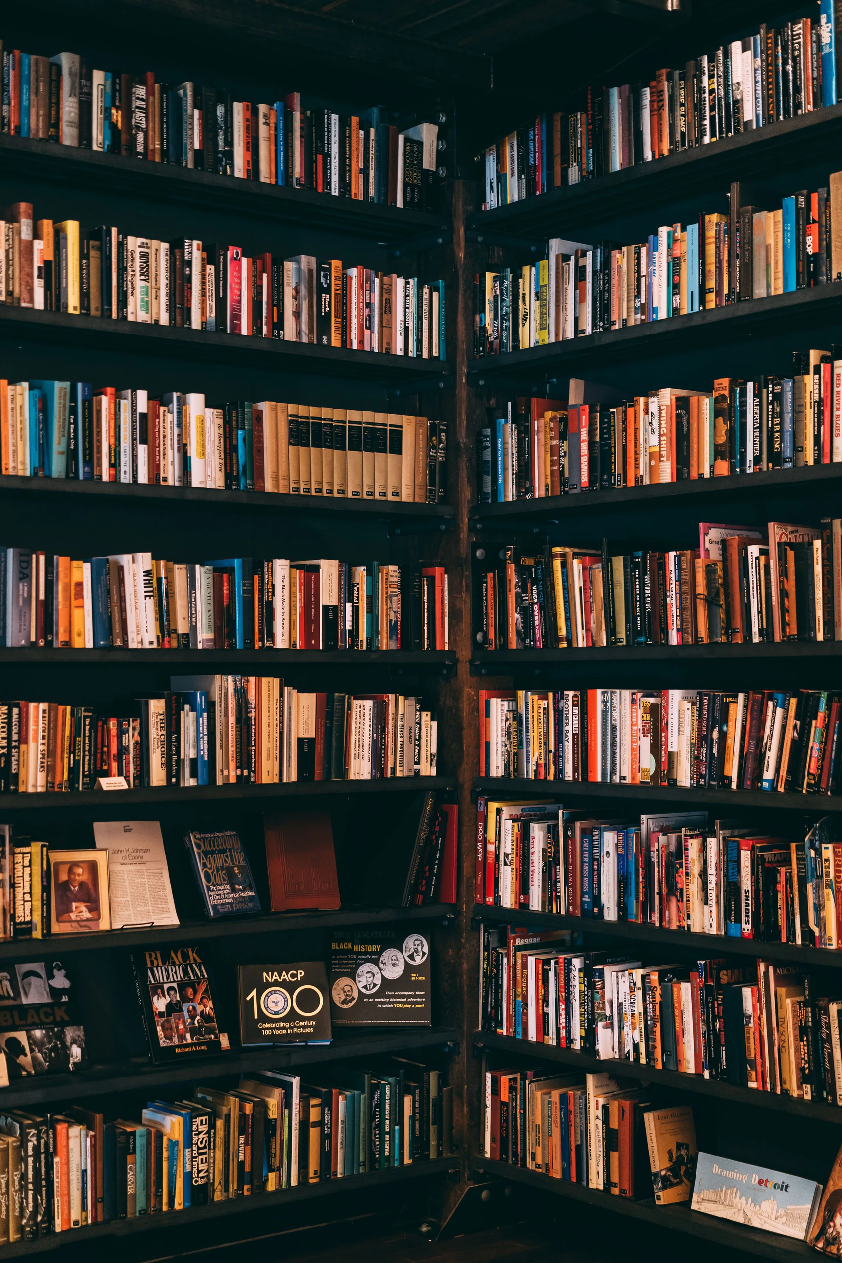 Shelves of books filed neatly in a library.